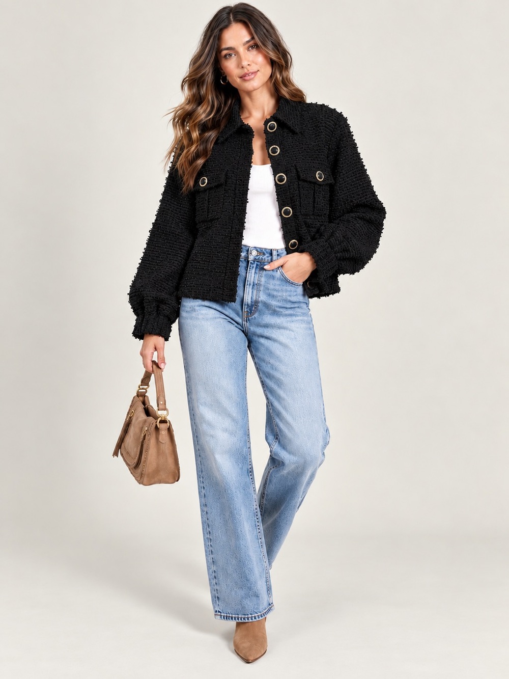 Endless Rose Black Bouclé Button-Front Jacket